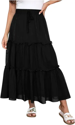 Women's Pleated Summer Maxi Skirts Casual Smocked Layered Tiered Boho Long Skirt High Waist A Line Dress