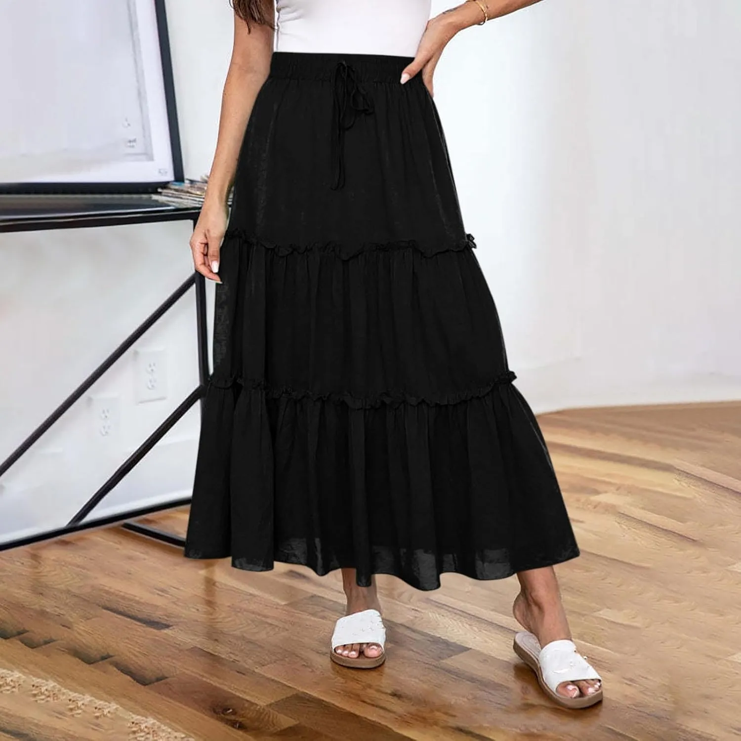 Women's Pleated Summer Maxi Skirts Casual Smocked Layered Tiered Boho Long Skirt High Waist A Line Dress