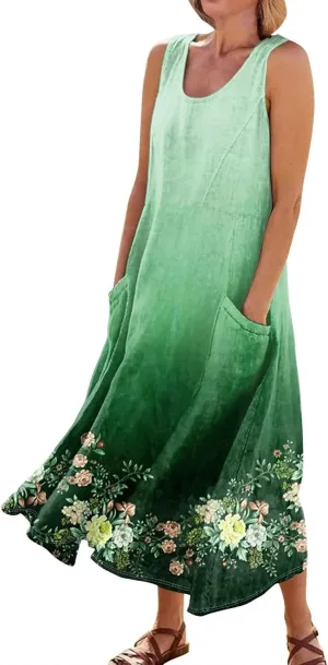 Womens Plus Size Summer Dresses 2025 Gradient Ombre Trendy Casual Vacation Sleeveless Boho Tank Midi Pockets Sundresses