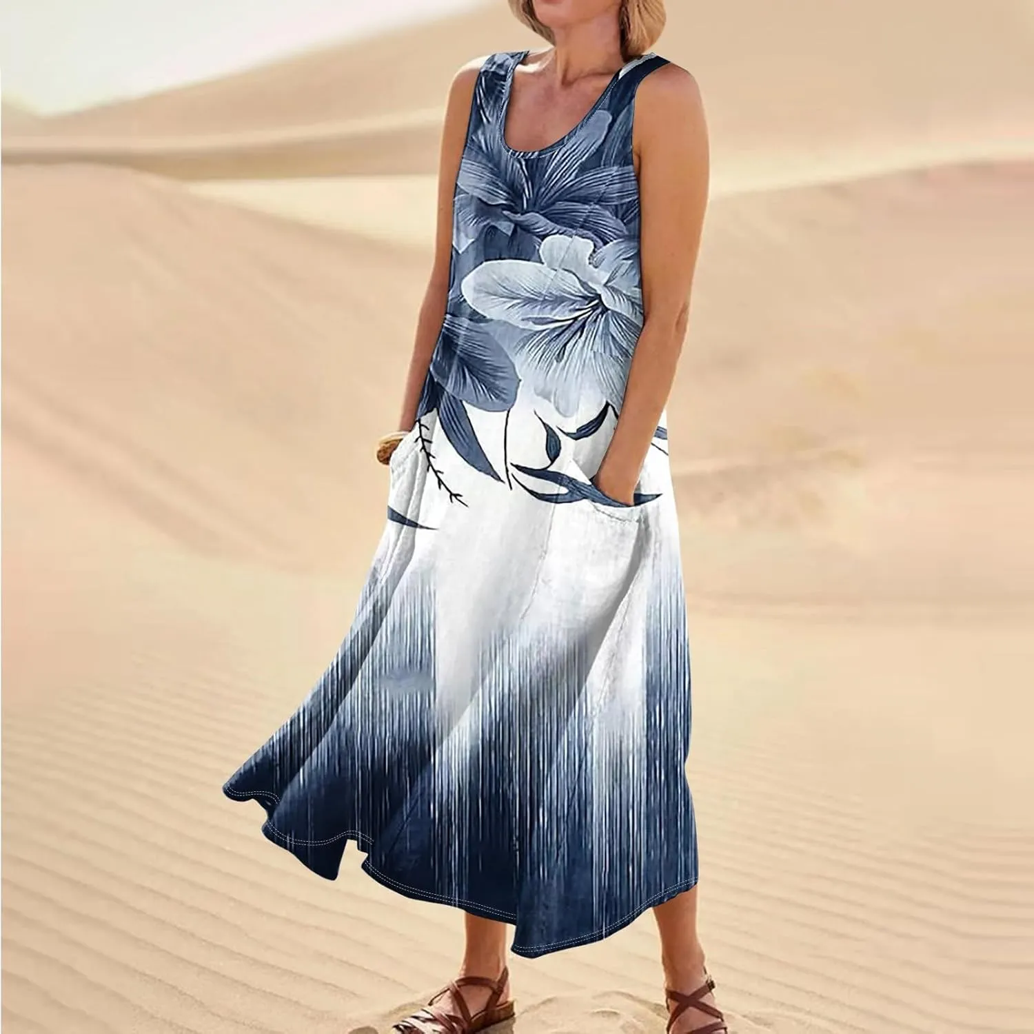 Womens Plus Size Summer Dresses 2025 Gradient Ombre Trendy Casual Vacation Sleeveless Boho Tank Midi Pockets Sundresses