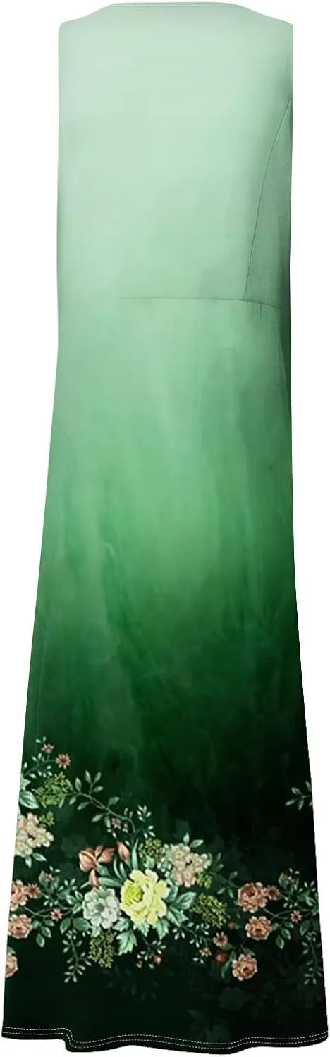Womens Plus Size Summer Dresses 2025 Gradient Ombre Trendy Casual Vacation Sleeveless Boho Tank Midi Pockets Sundresses