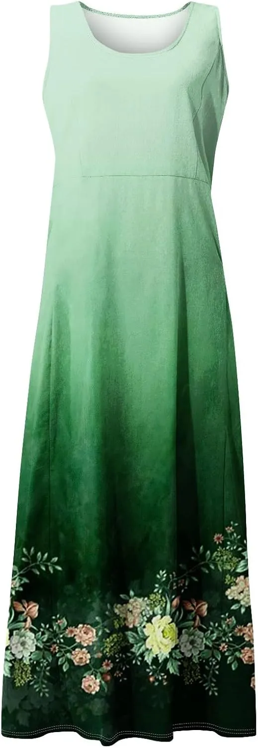 Womens Plus Size Summer Dresses 2025 Gradient Ombre Trendy Casual Vacation Sleeveless Boho Tank Midi Pockets Sundresses