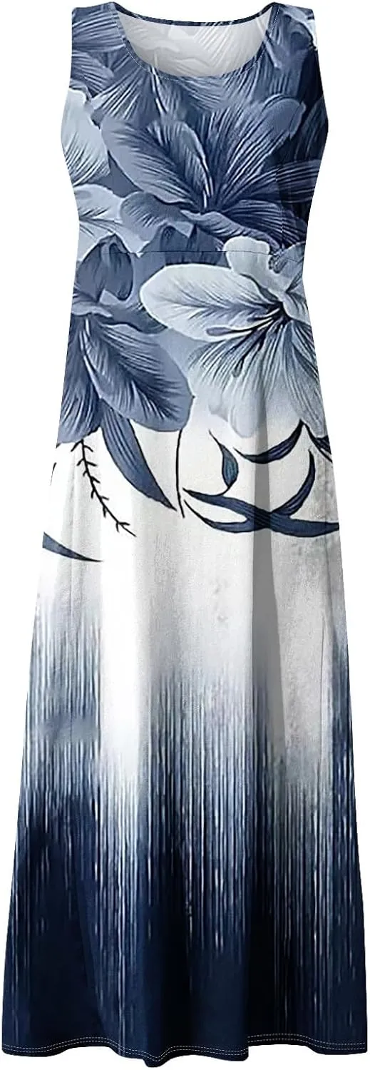 Womens Plus Size Summer Dresses 2025 Gradient Ombre Trendy Casual Vacation Sleeveless Boho Tank Midi Pockets Sundresses