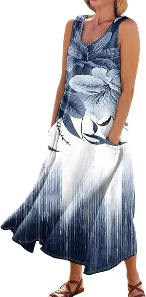 Womens Plus Size Summer Dresses 2025 Gradient Ombre Trendy Casual Vacation Sleeveless Boho Tank Midi Pockets Sundresses
