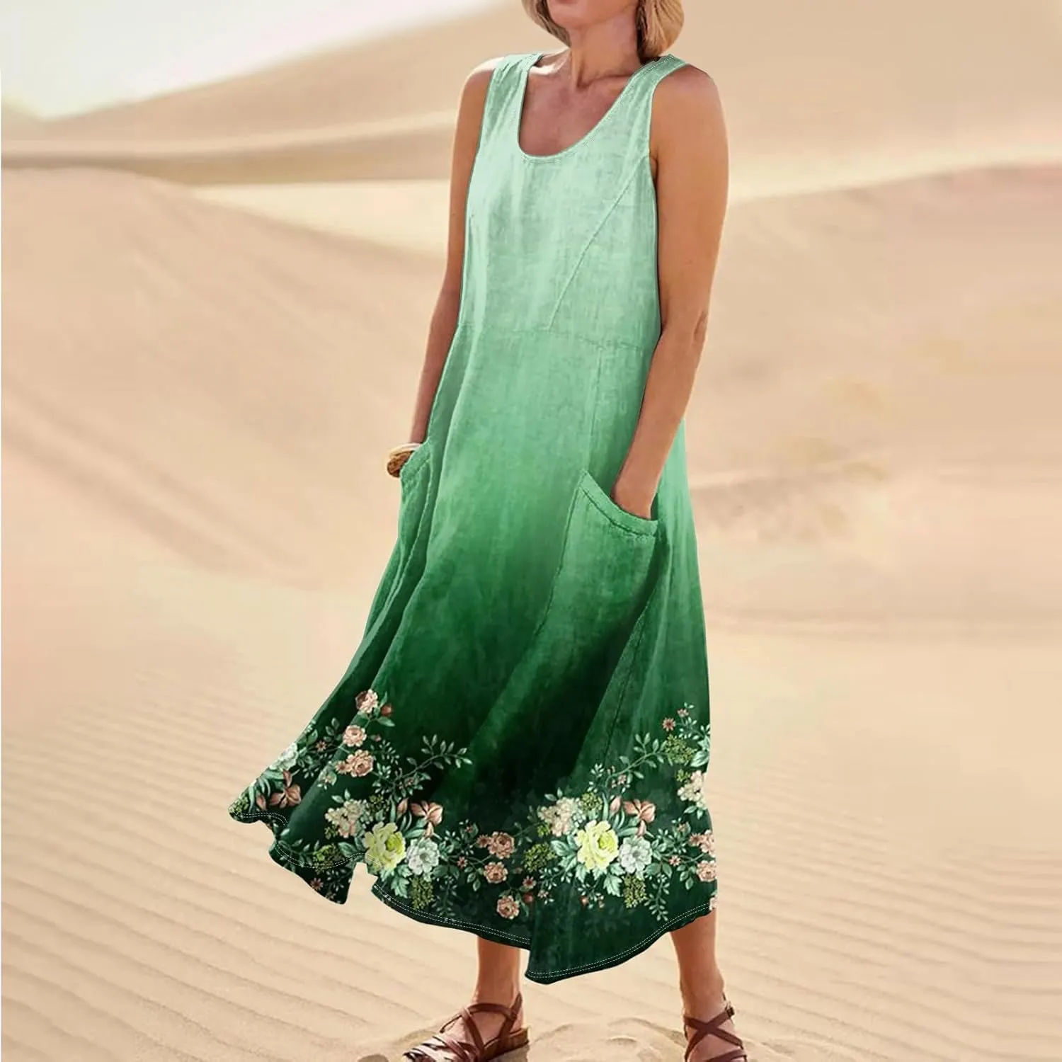 Womens Plus Size Summer Dresses 2025 Gradient Ombre Trendy Casual Vacation Sleeveless Boho Tank Midi Pockets Sundresses