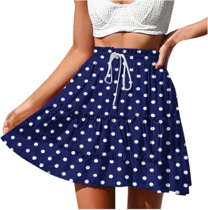 Womens Polka Dots Mini Layered Skirt Ruffle High Elastic Waist Drawstring Short Flowy Cute Summer Skirts
