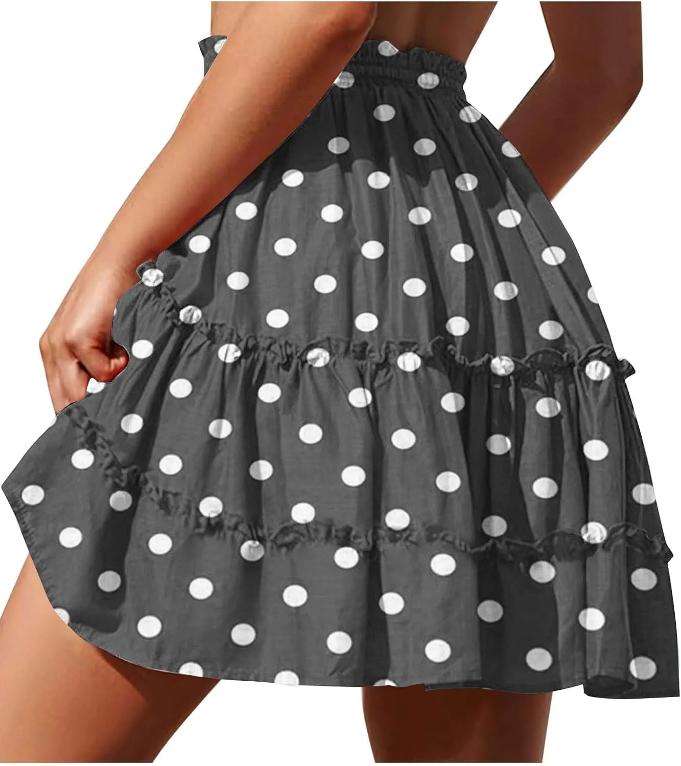 Womens Polka Dots Mini Layered Skirt Ruffle High Elastic Waist Drawstring Short Flowy Cute Summer Skirts