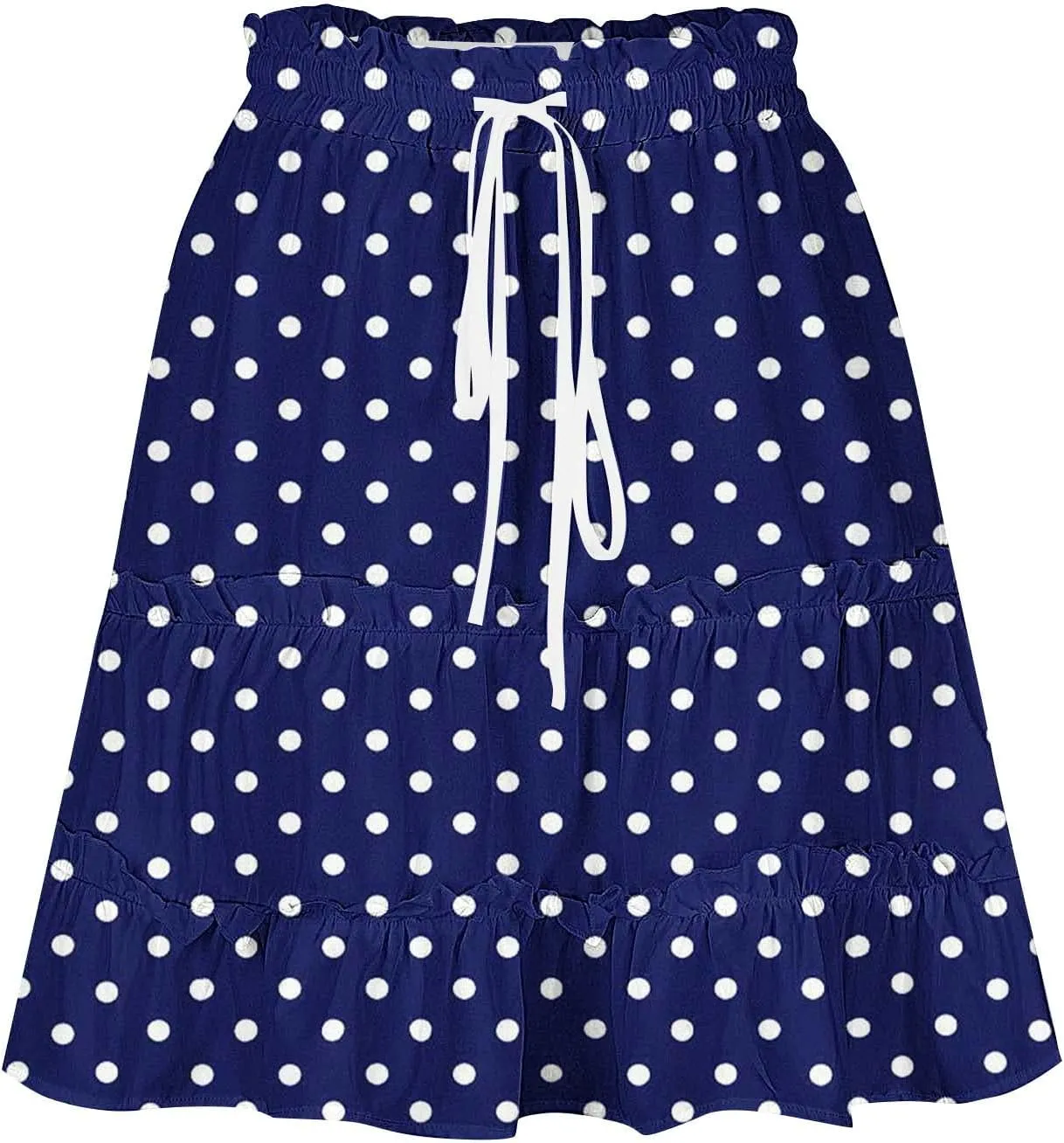 Womens Polka Dots Mini Layered Skirt Ruffle High Elastic Waist Drawstring Short Flowy Cute Summer Skirts