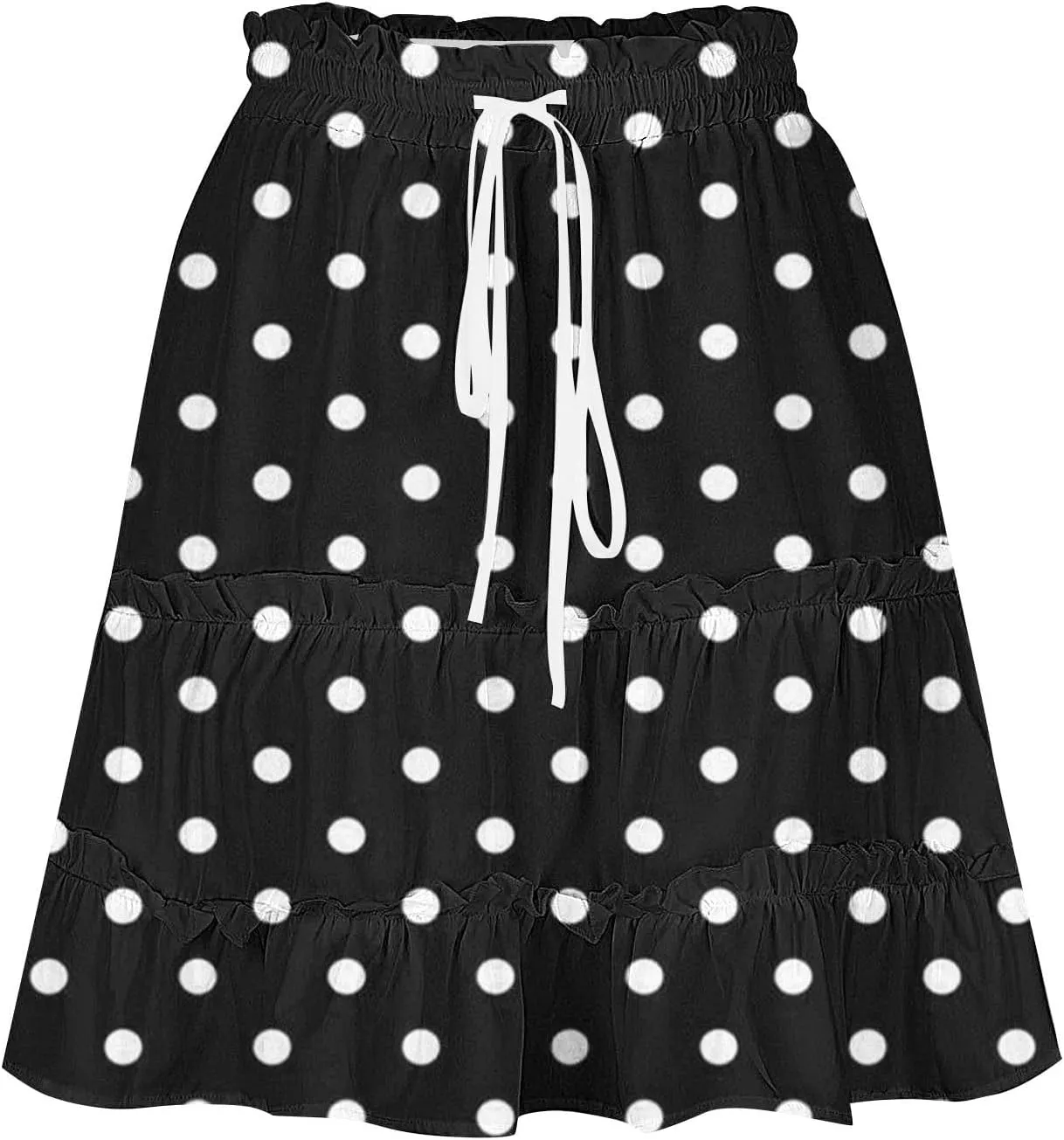 Womens Polka Dots Mini Layered Skirt Ruffle High Elastic Waist Drawstring Short Flowy Cute Summer Skirts