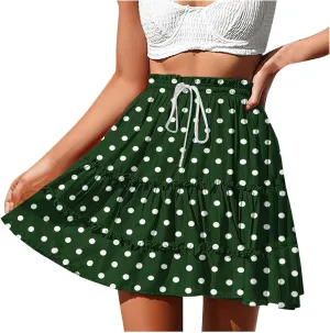 Womens Polka Dots Mini Layered Skirt Ruffle High Elastic Waist Drawstring Short Flowy Cute Summer Skirts