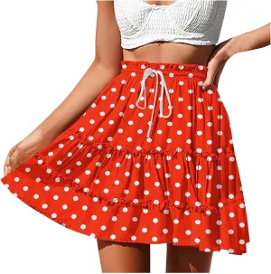 Womens Polka Dots Mini Layered Skirt Ruffle High Elastic Waist Drawstring Short Flowy Cute Summer Skirts