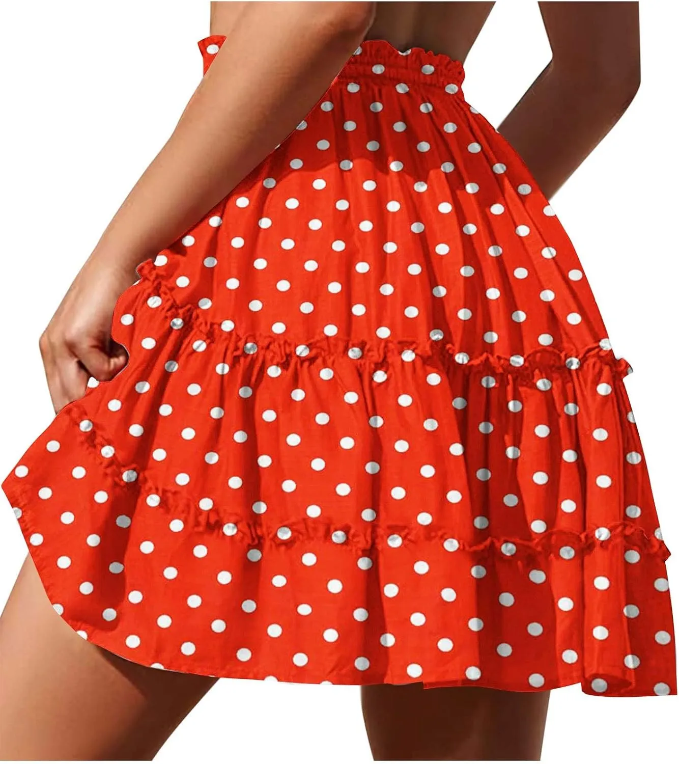 Womens Polka Dots Mini Layered Skirt Ruffle High Elastic Waist Drawstring Short Flowy Cute Summer Skirts