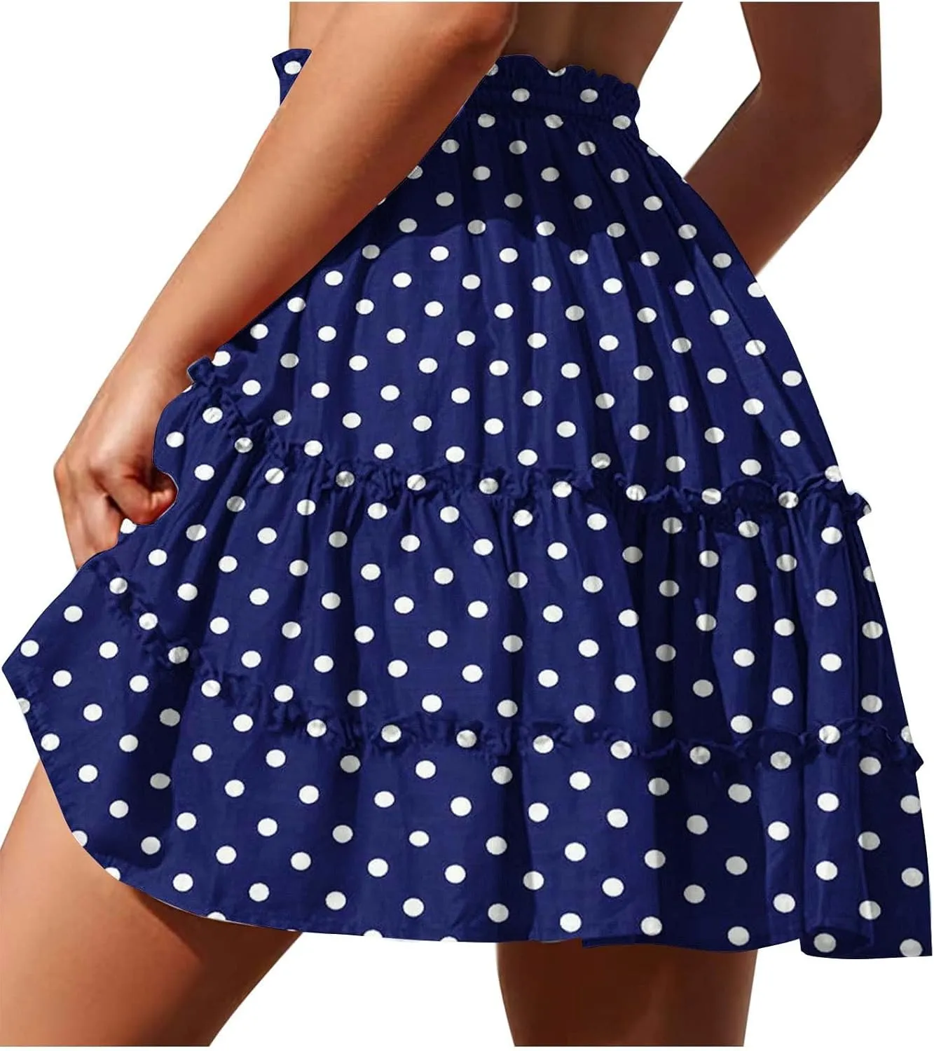Womens Polka Dots Mini Layered Skirt Ruffle High Elastic Waist Drawstring Short Flowy Cute Summer Skirts