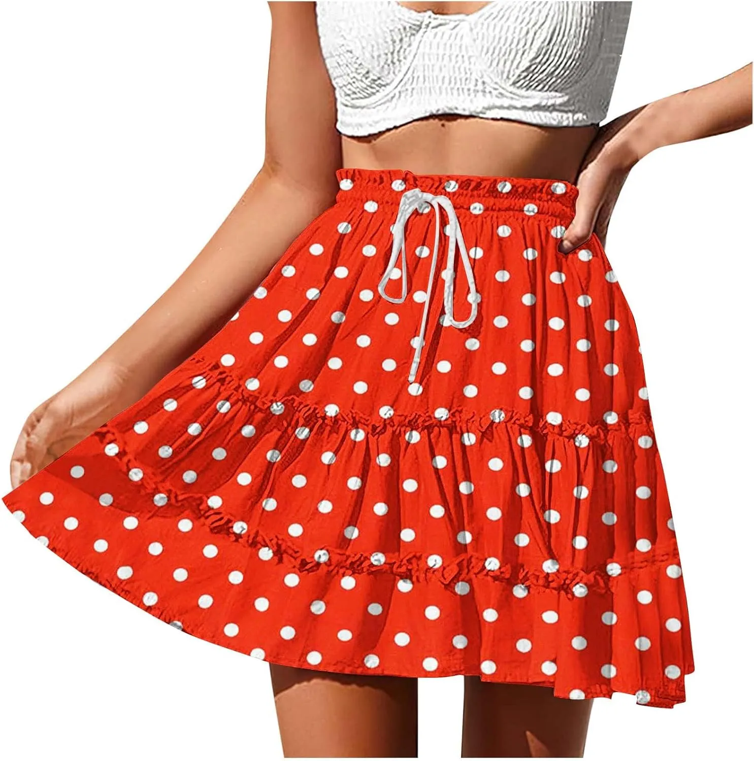 Womens Polka Dots Mini Layered Skirt Ruffle High Elastic Waist Drawstring Short Flowy Cute Summer Skirts