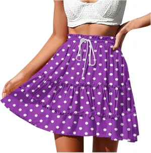 Womens Polka Dots Mini Layered Skirt Ruffle High Elastic Waist Drawstring Short Flowy Cute Summer Skirts