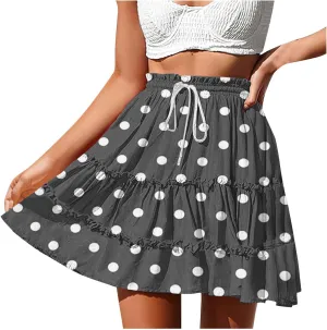 Womens Polka Dots Mini Layered Skirt Ruffle High Elastic Waist Drawstring Short Flowy Cute Summer Skirts