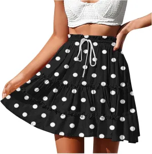 Womens Polka Dots Mini Layered Skirt Ruffle High Elastic Waist Drawstring Short Flowy Cute Summer Skirts
