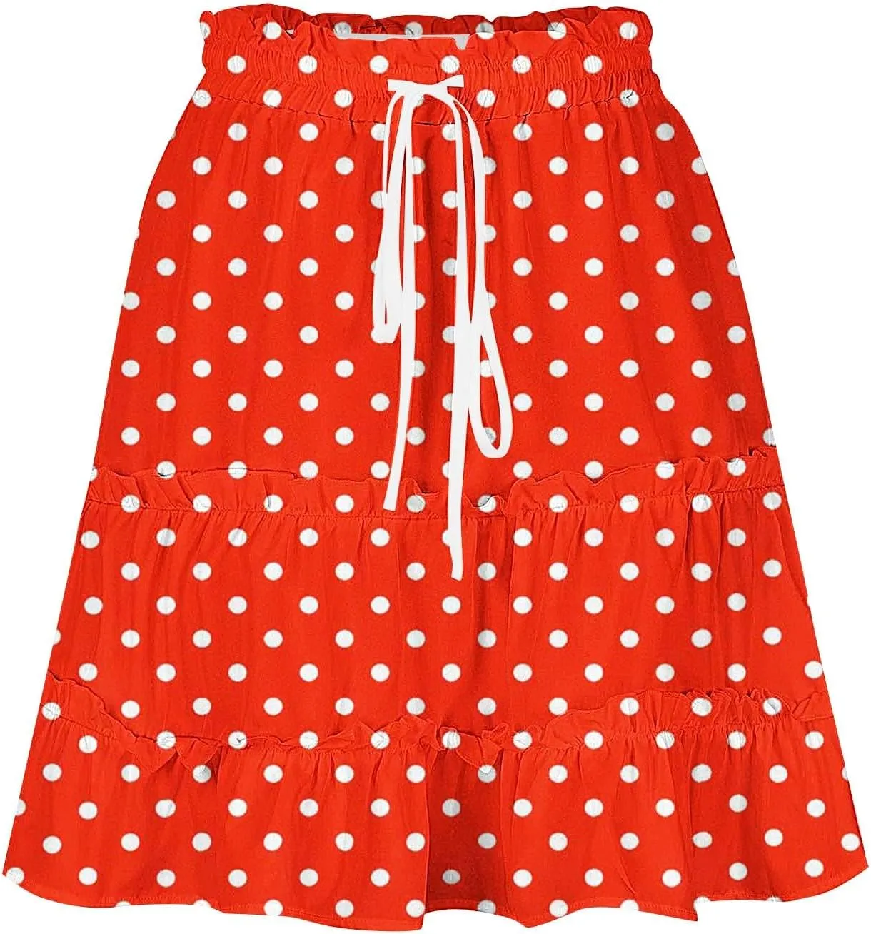 Womens Polka Dots Mini Layered Skirt Ruffle High Elastic Waist Drawstring Short Flowy Cute Summer Skirts