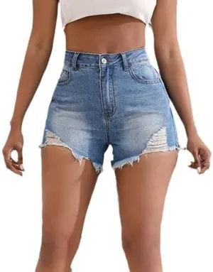Women’s Ripped High Waisted Denim Shorts Stretch Frayed Raw Hem Jean Shorts