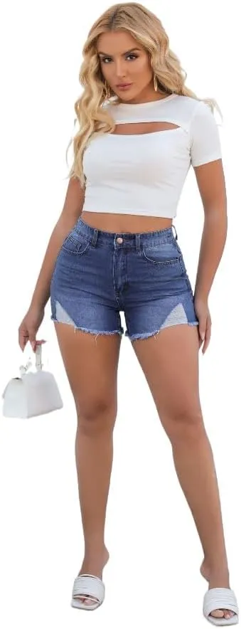 Women’s Ripped High Waisted Denim Shorts Stretch Frayed Raw Hem Jean Shorts