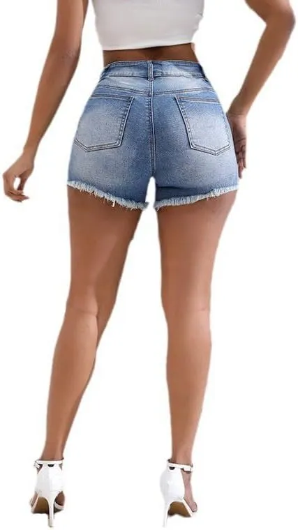 Women’s Ripped High Waisted Denim Shorts Stretch Frayed Raw Hem Jean Shorts