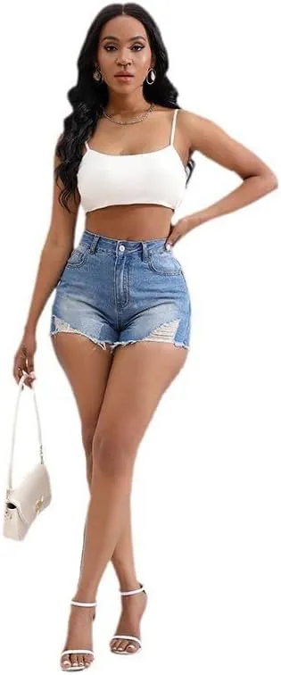 Women’s Ripped High Waisted Denim Shorts Stretch Frayed Raw Hem Jean Shorts