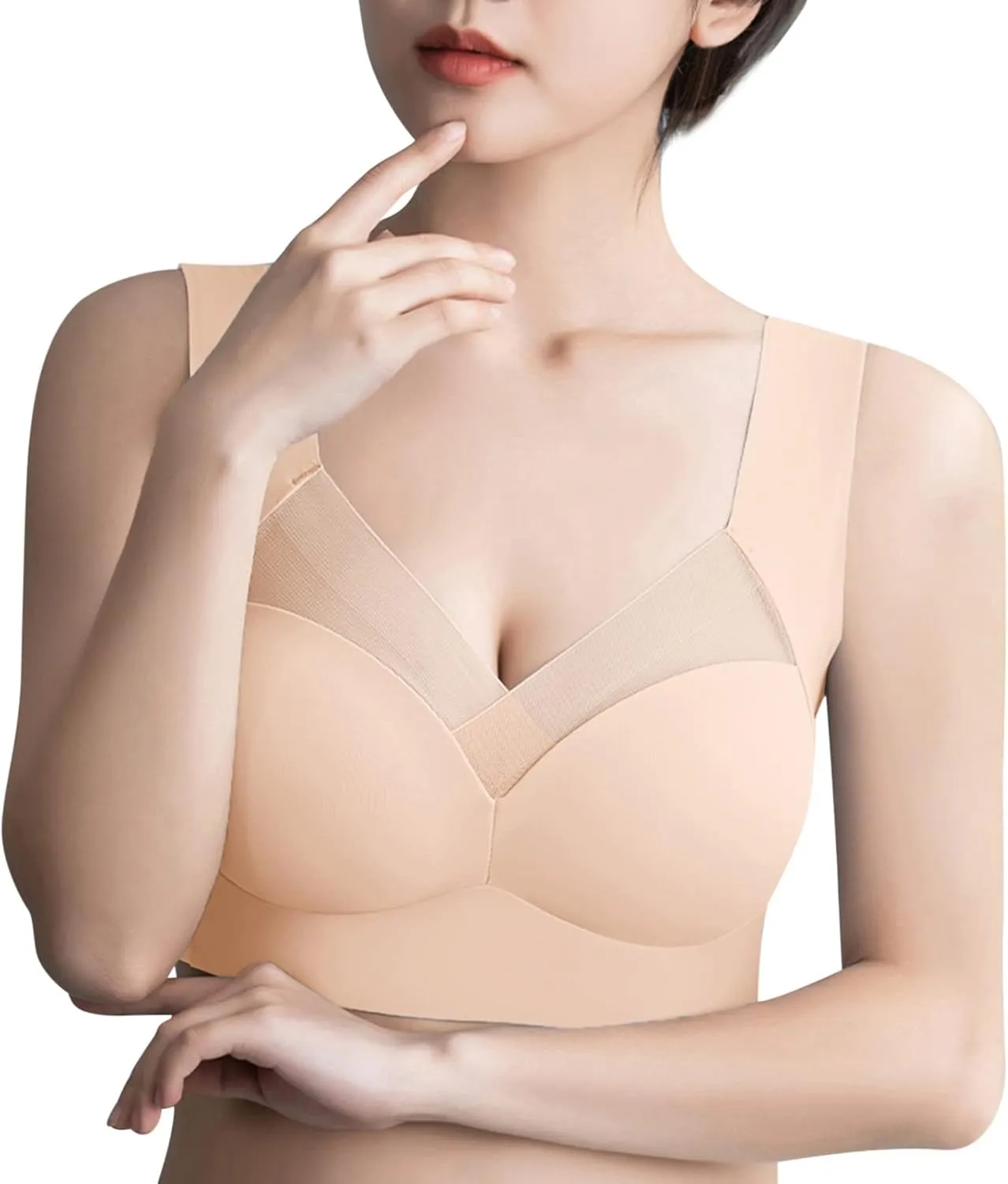 Womens Seamless V Lace Bras Plus Size Ice Silk No Underwire Push Up Supportive Bras Full Coverage Everyday Bralettes