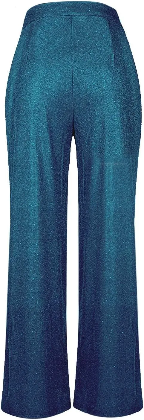 Womens Sequin Pants Fashion Wide Straight Leg High Waist Buttoned Vintage Sparkly Trousers Party Clubwear Lounge Pants