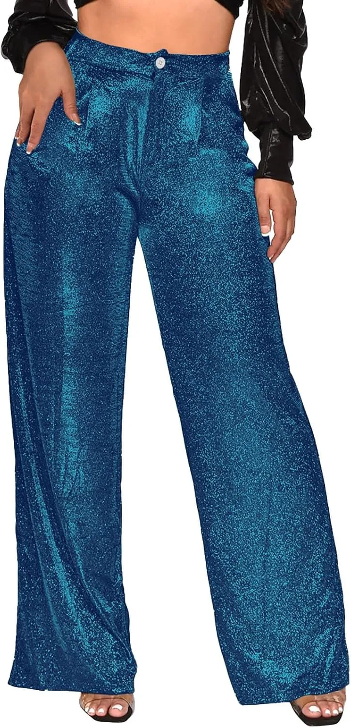 Womens Sequin Pants Fashion Wide Straight Leg High Waist Buttoned Vintage Sparkly Trousers Party Clubwear Lounge Pants
