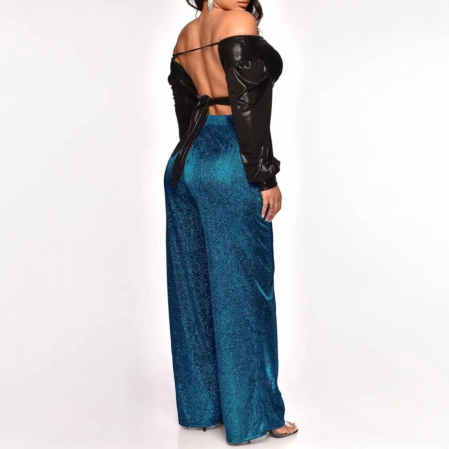 Womens Sequin Pants Fashion Wide Straight Leg High Waist Buttoned Vintage Sparkly Trousers Party Clubwear Lounge Pants