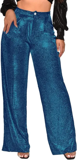 Womens Sequin Pants Fashion Wide Straight Leg High Waist Buttoned Vintage Sparkly Trousers Party Clubwear Lounge Pants