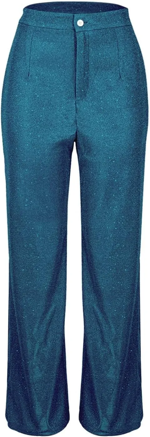 Womens Sequin Pants Fashion Wide Straight Leg High Waist Buttoned Vintage Sparkly Trousers Party Clubwear Lounge Pants