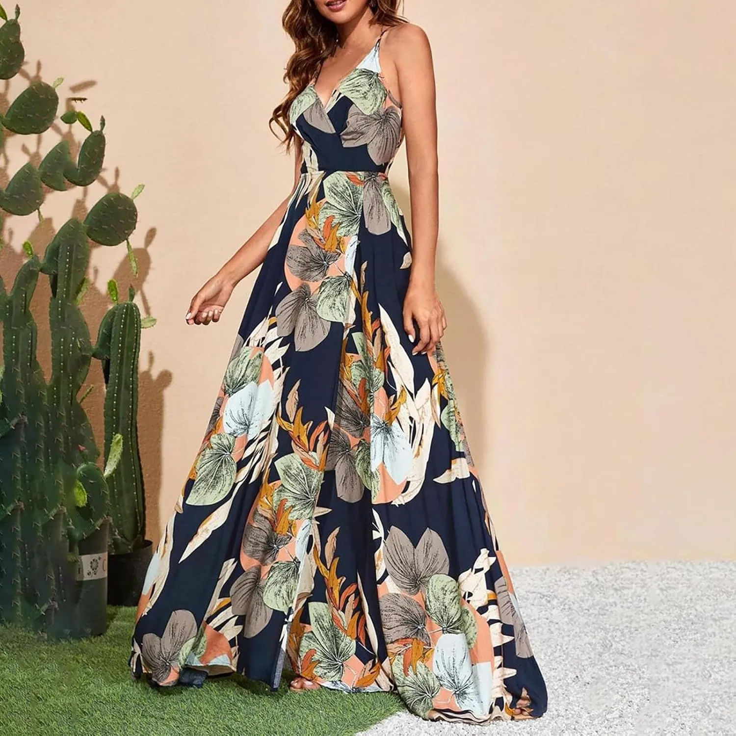 Womens Sexy Spaghetti Straps Maxi Dresses Beach Boho Dress Flowy Vocation Outfits 2025