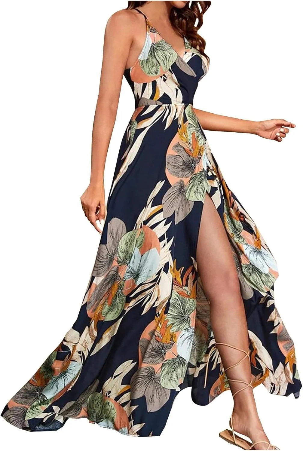 Womens Sexy Spaghetti Straps Maxi Dresses Beach Boho Dress Flowy Vocation Outfits 2025