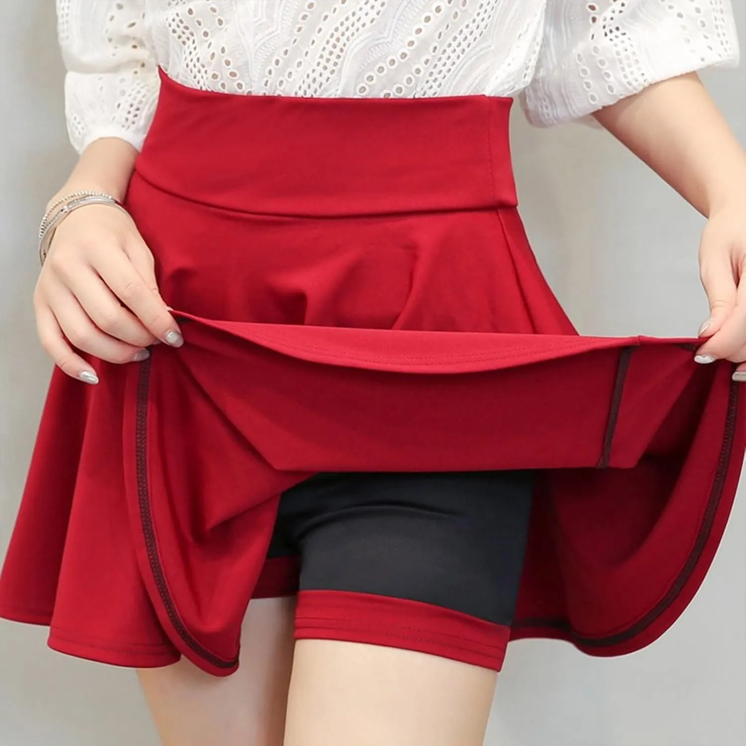 Womens Skirts Short Length with Slim Liner Stretchy High Elastic Waist Pleated Mini Shorts Skirts for Women