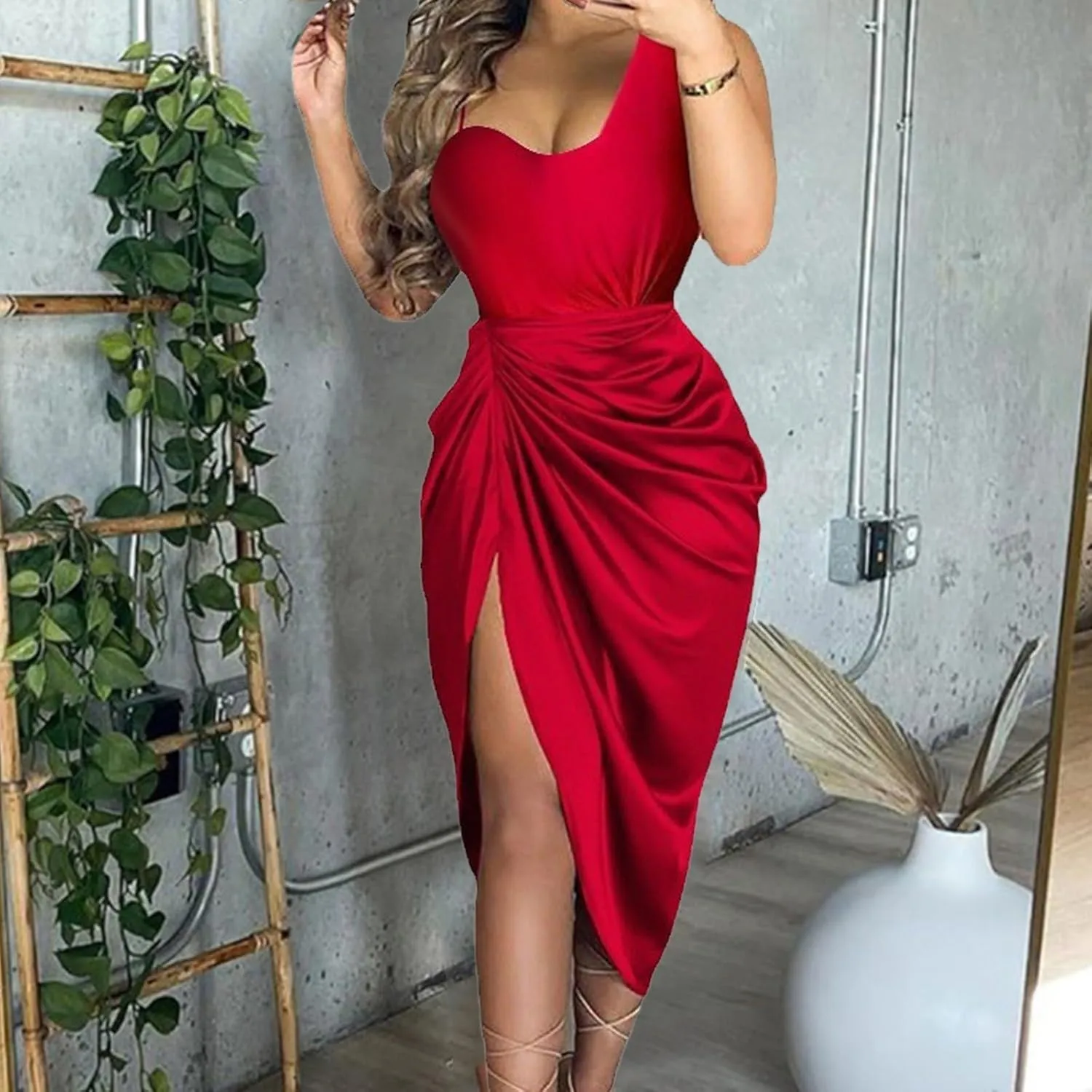 Women's Solid Color Sexy Slit Long Skirt Pleated Single Shoulder Evening Dress Casual Skirt Cocktail Dresses