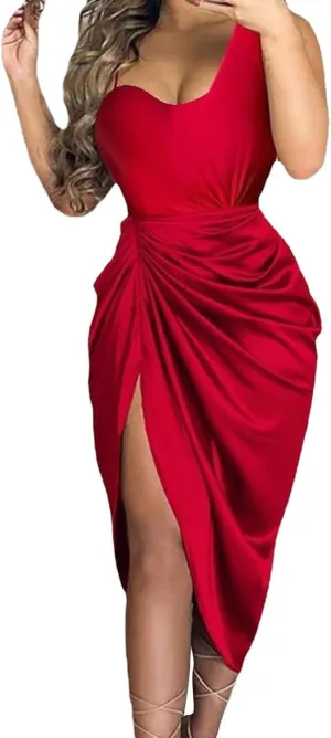 Women's Solid Color Sexy Slit Long Skirt Pleated Single Shoulder Evening Dress Casual Skirt Cocktail Dresses