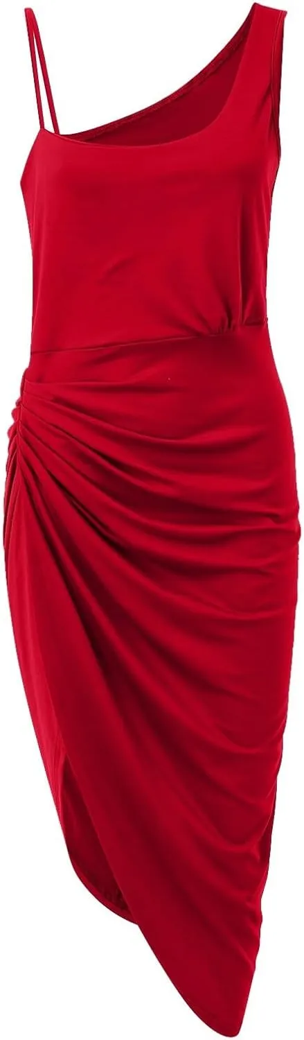 Women's Solid Color Sexy Slit Long Skirt Pleated Single Shoulder Evening Dress Casual Skirt Cocktail Dresses