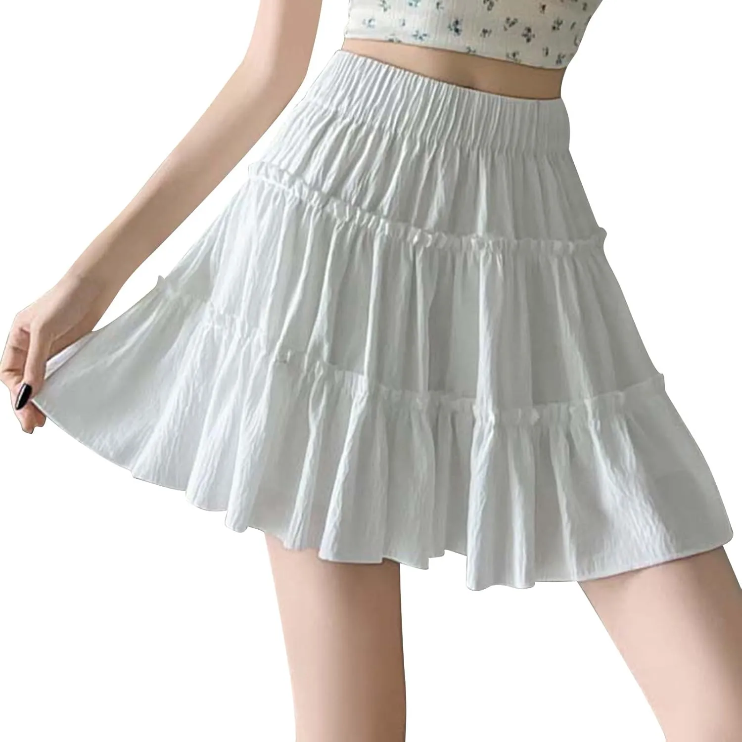 Womens Solid Mini Layered Skirt Ruffle High Elastic Waist Short Flowy Cute Summer Cute Skirts with Shorts