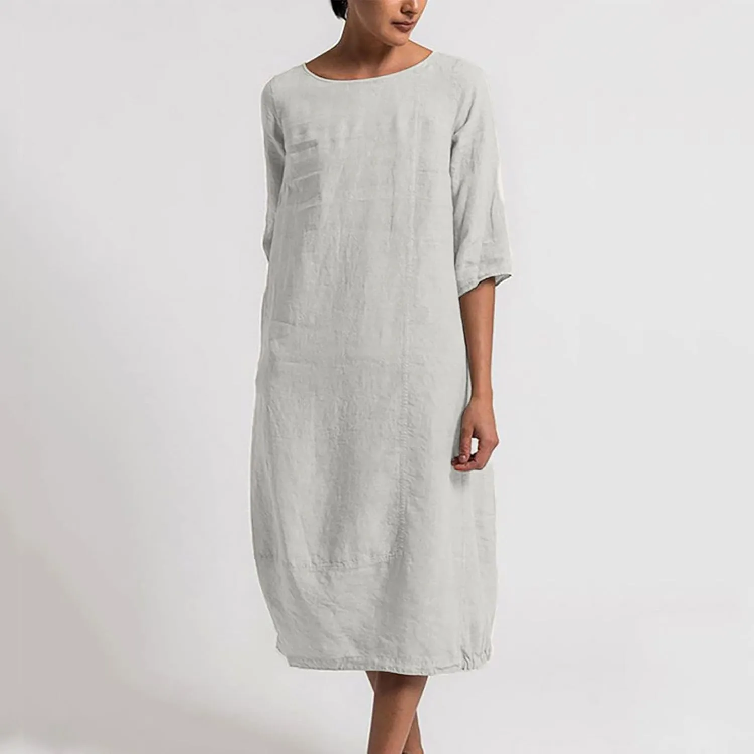 Women's Spring Cotton Linen Casual Loose Shift Tunic Dresses Summer Pleated Tassel Tie Long Sleeve Beach Tshirt Dress