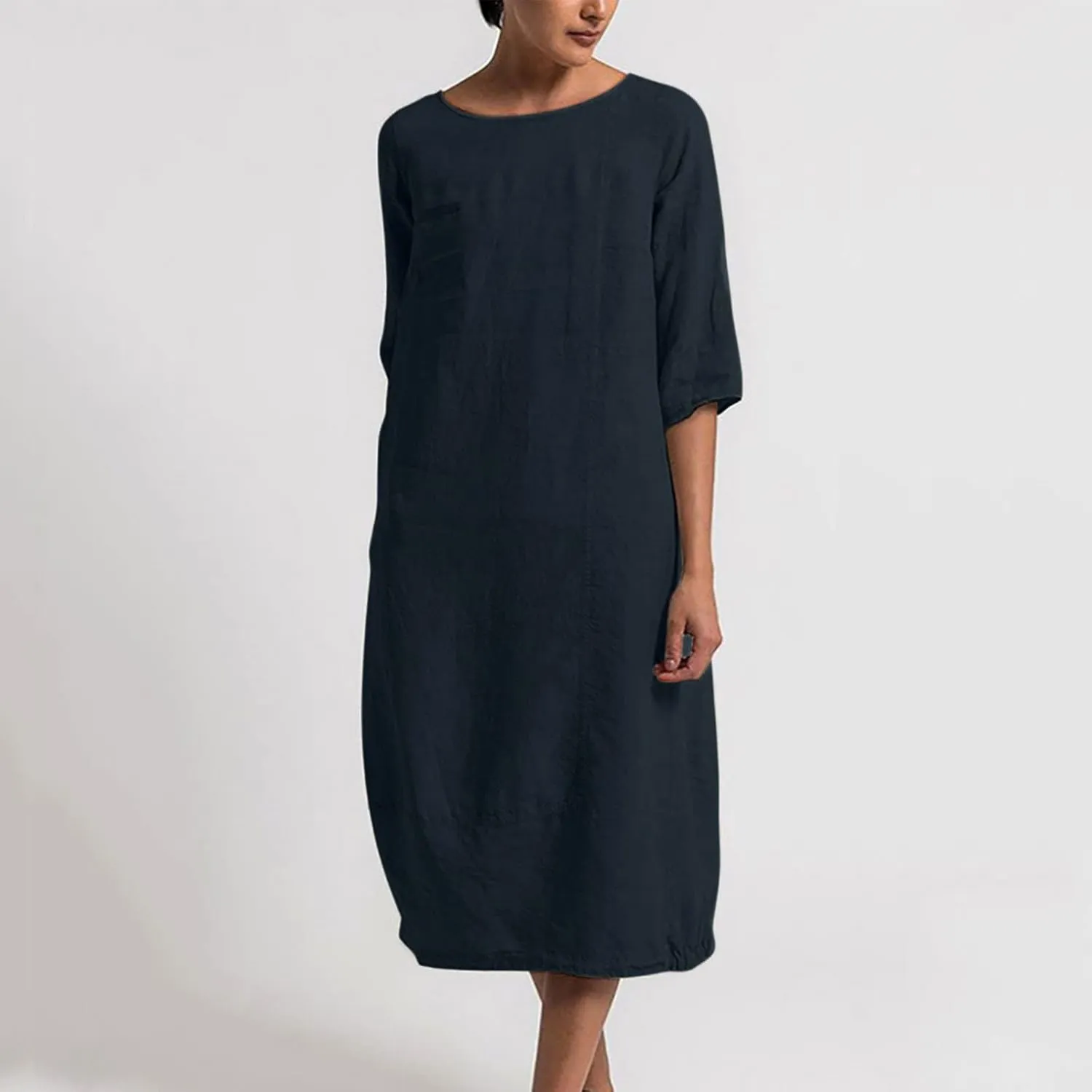 Women's Spring Cotton Linen Casual Loose Shift Tunic Dresses Summer Pleated Tassel Tie Long Sleeve Beach Tshirt Dress