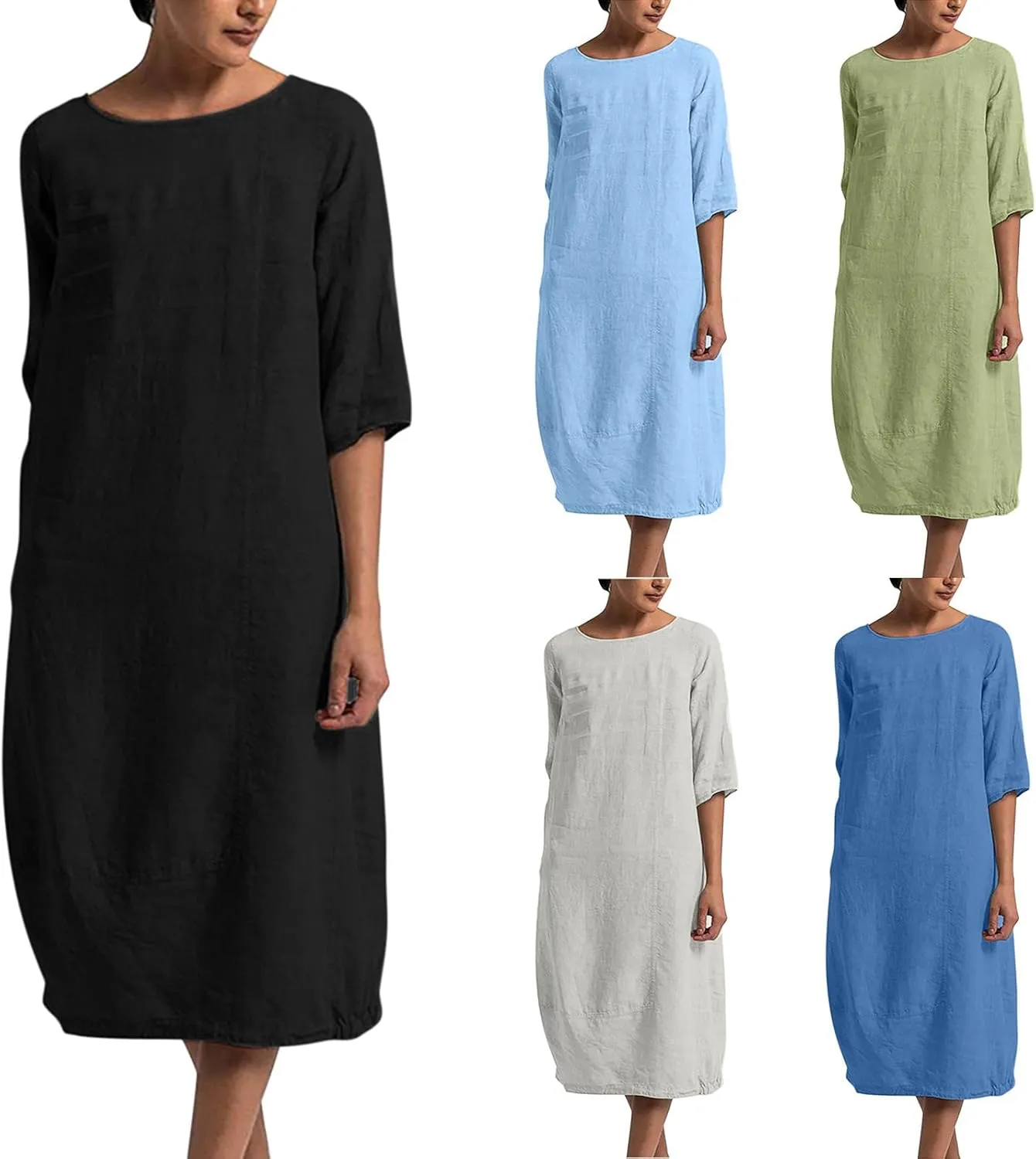 Women's Spring Cotton Linen Casual Loose Shift Tunic Dresses Summer Pleated Tassel Tie Long Sleeve Beach Tshirt Dress