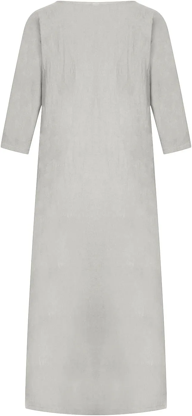 Women's Spring Cotton Linen Casual Loose Shift Tunic Dresses Summer Pleated Tassel Tie Long Sleeve Beach Tshirt Dress