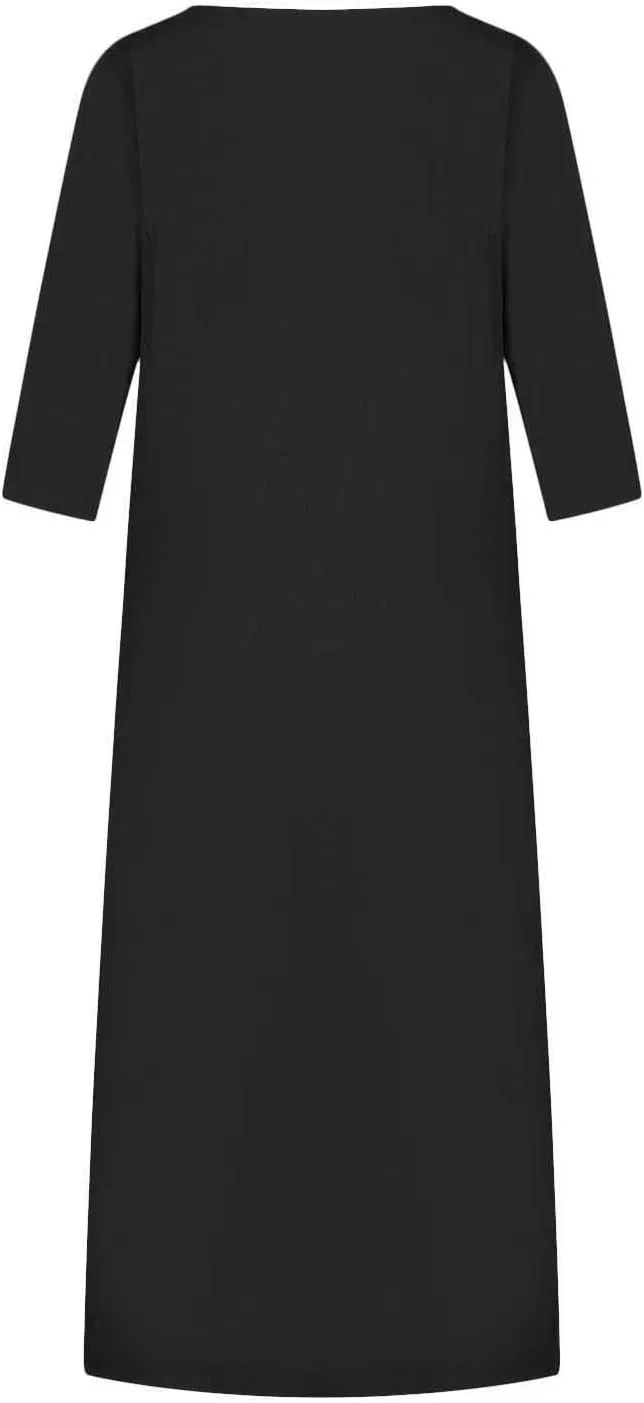 Women's Spring Cotton Linen Casual Loose Shift Tunic Dresses Summer Pleated Tassel Tie Long Sleeve Beach Tshirt Dress