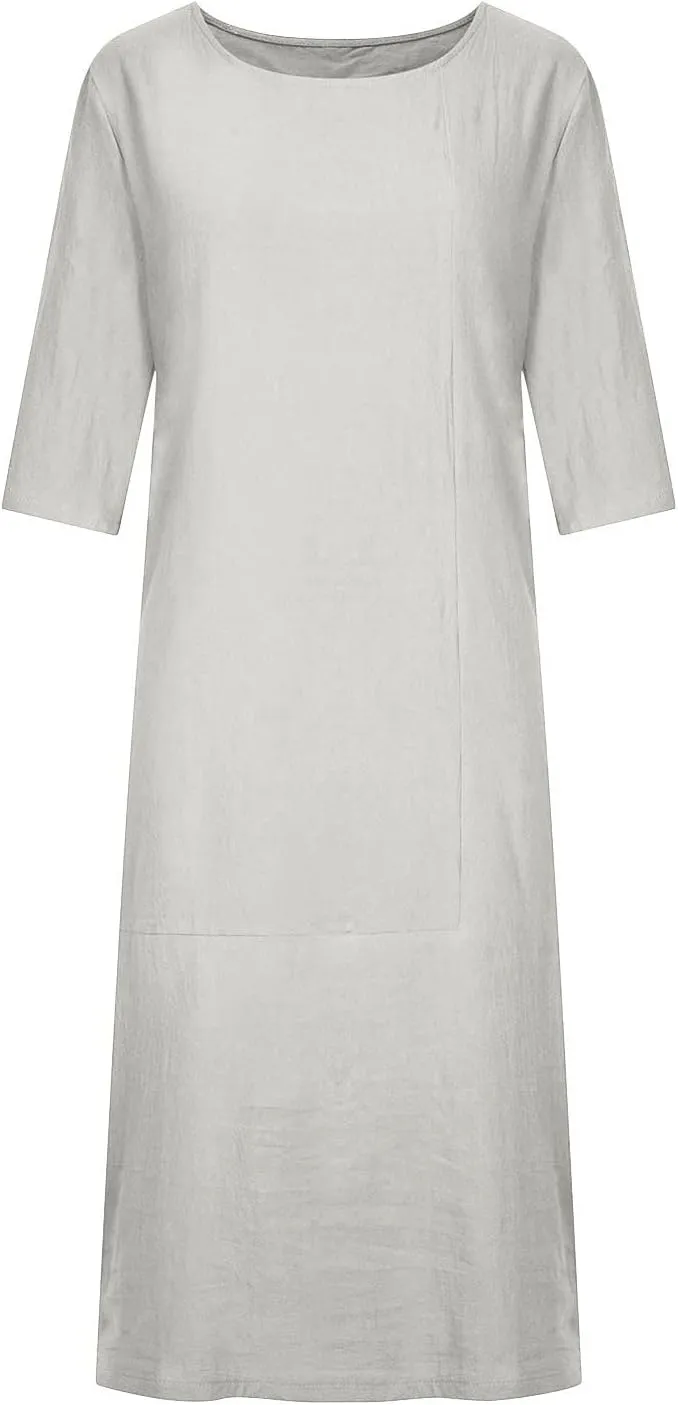 Women's Spring Cotton Linen Casual Loose Shift Tunic Dresses Summer Pleated Tassel Tie Long Sleeve Beach Tshirt Dress