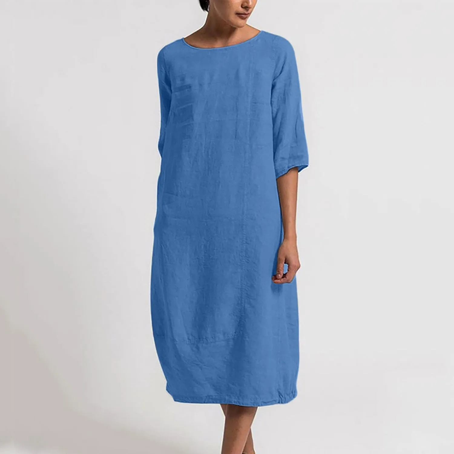 Women's Spring Cotton Linen Casual Loose Shift Tunic Dresses Summer Pleated Tassel Tie Long Sleeve Beach Tshirt Dress