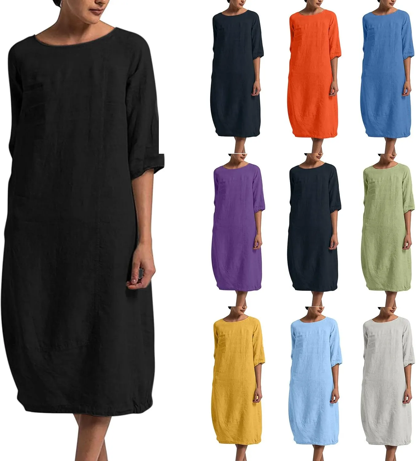 Women's Spring Cotton Linen Casual Loose Shift Tunic Dresses Summer Pleated Tassel Tie Long Sleeve Beach Tshirt Dress