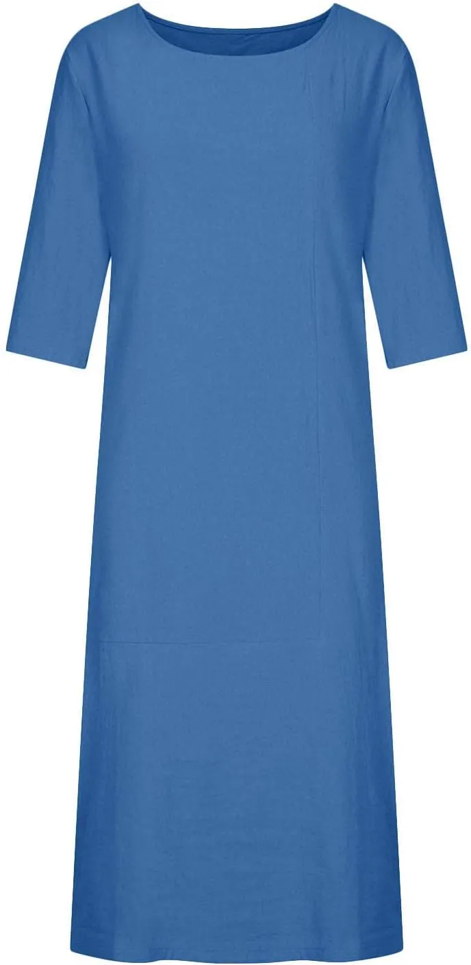 Women's Spring Cotton Linen Casual Loose Shift Tunic Dresses Summer Pleated Tassel Tie Long Sleeve Beach Tshirt Dress