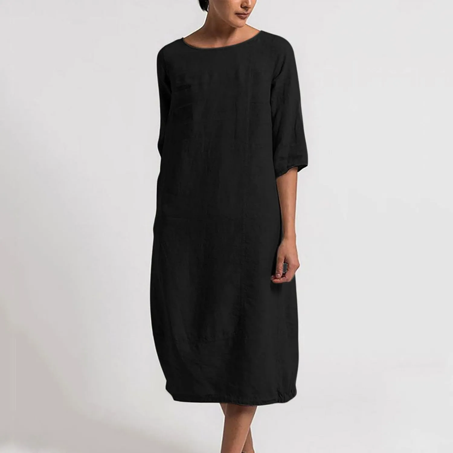 Women's Spring Cotton Linen Casual Loose Shift Tunic Dresses Summer Pleated Tassel Tie Long Sleeve Beach Tshirt Dress