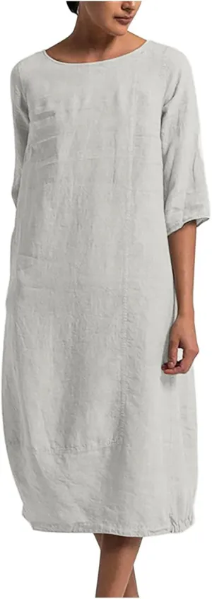 Women's Spring Cotton Linen Casual Loose Shift Tunic Dresses Summer Pleated Tassel Tie Long Sleeve Beach Tshirt Dress